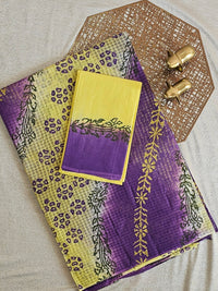 Pure Cotton with Checks Hand Block Prints -  Yellow with Purple