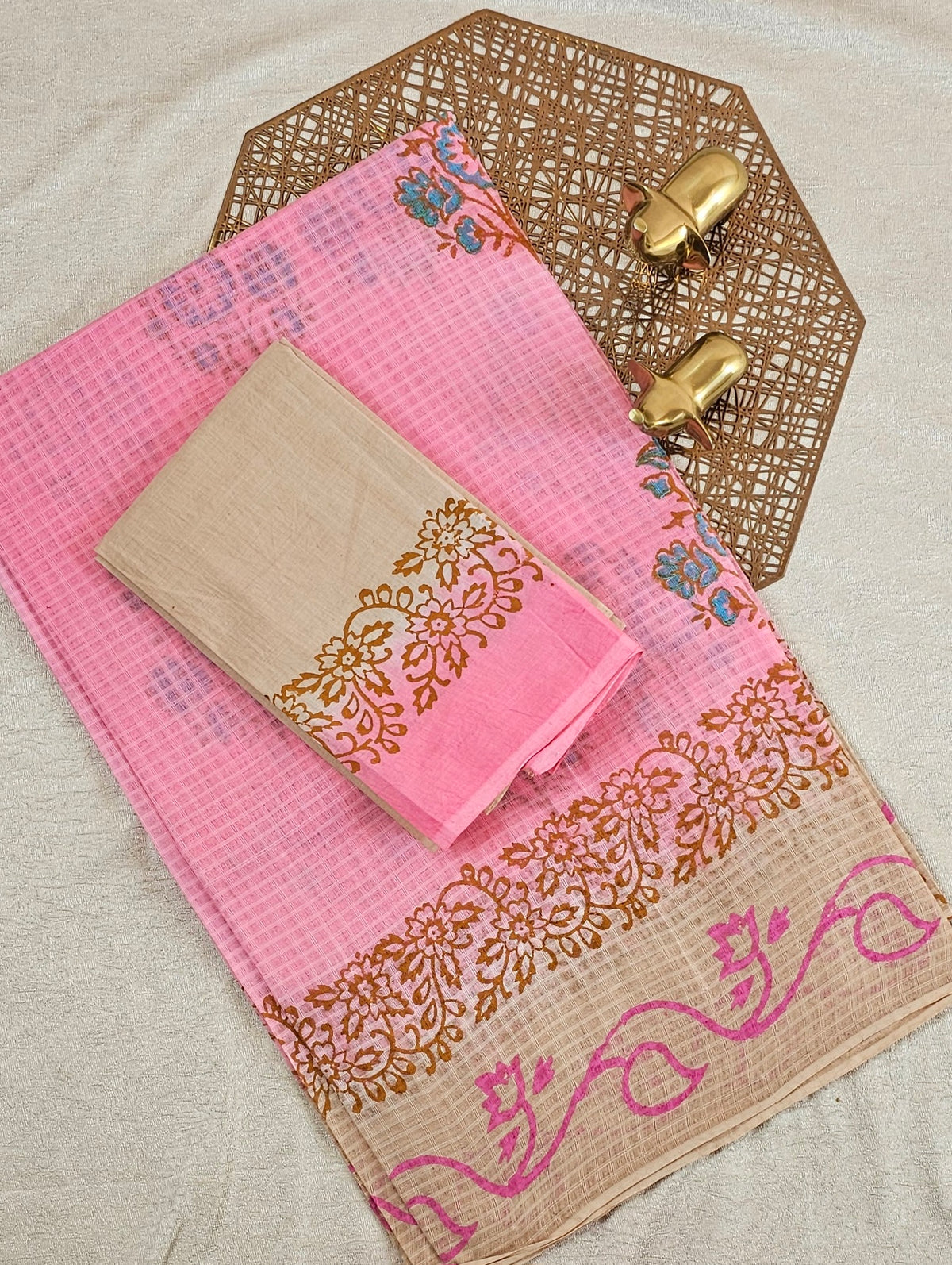 Pure Cotton with Checks Hand Block Prints - Pink with Beige