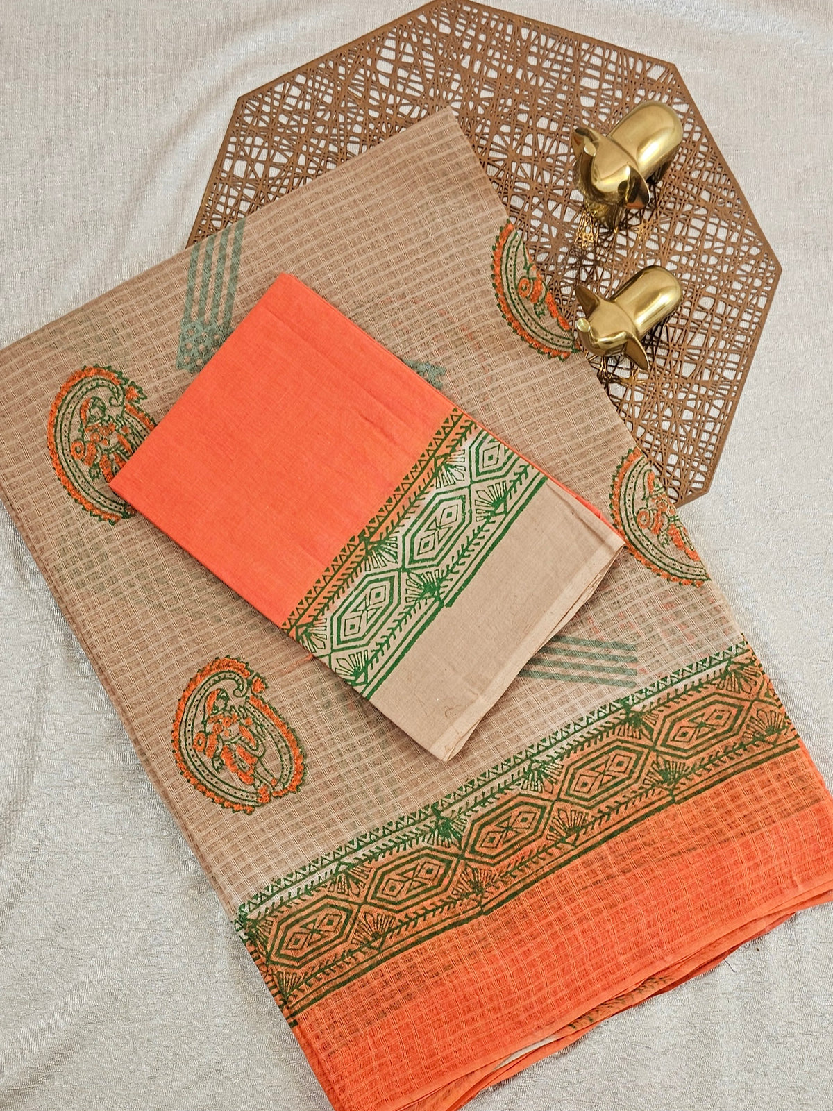 Pure Cotton with Checks Hand Block Prints - Beige with Orange