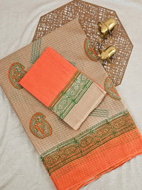 Pure Cotton with Checks Hand Block Prints - Beige with Orange