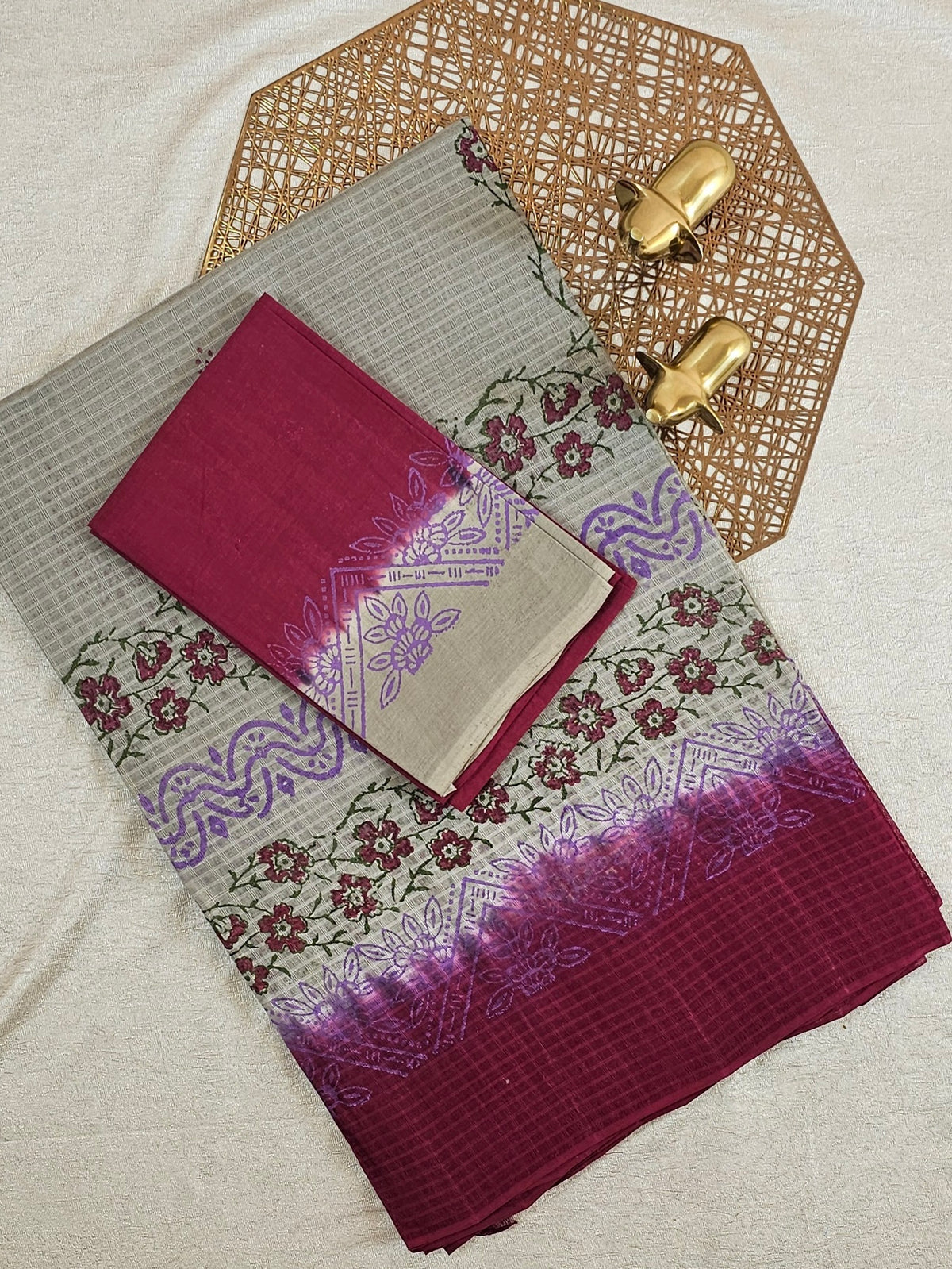 Pure Cotton with Checks Hand Block Prints - Grey with Maroon