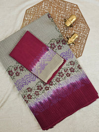 Pure Cotton with Checks Hand Block Prints - Grey with Maroon