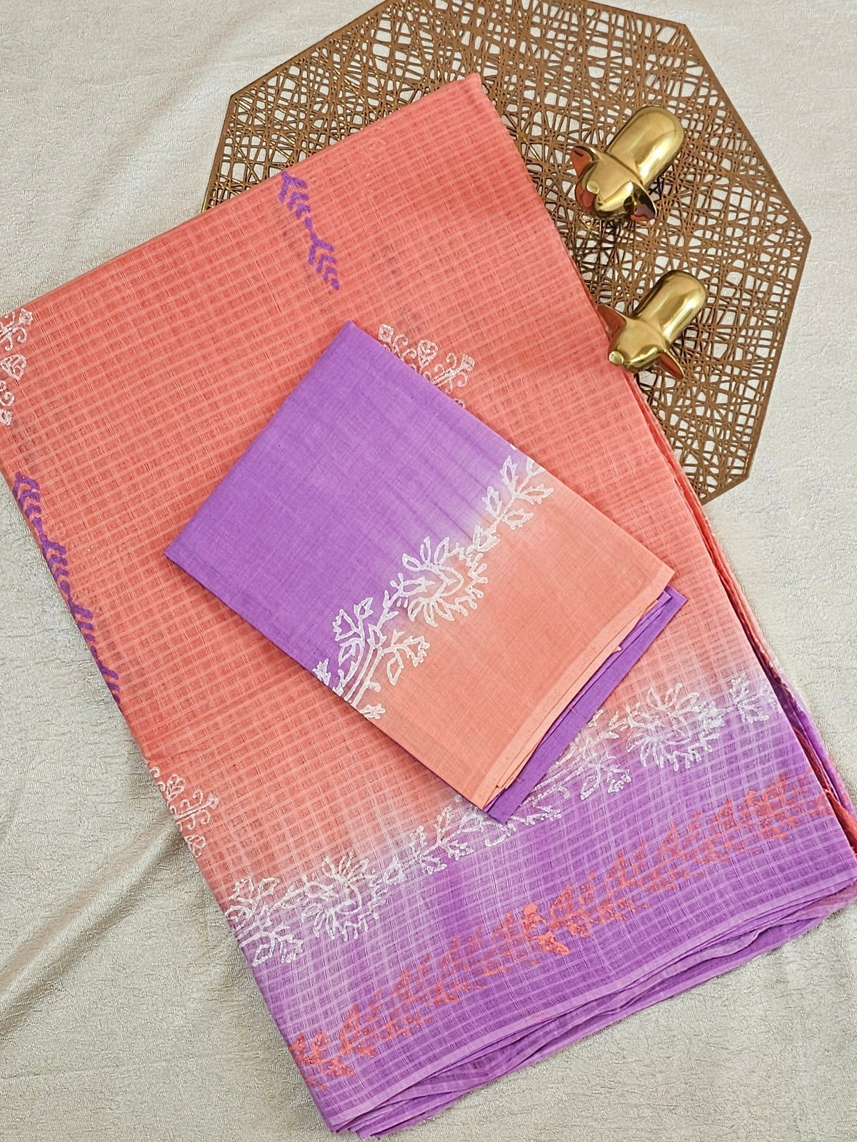 Pure Cotton with Checks Hand Block Prints - Peach with Lavender