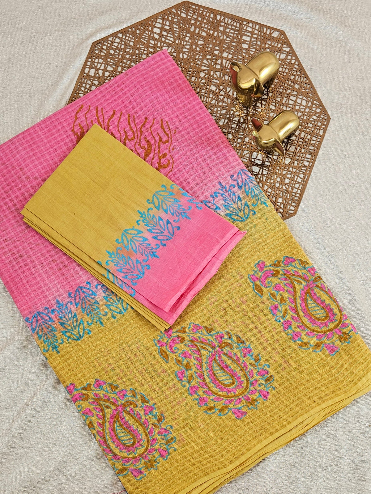 Pure Cotton with Checks Hand Block Prints - Pink with Yellow