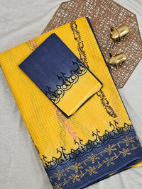 Pure Cotton with Checks Hand Block Prints - Yellow with Blue