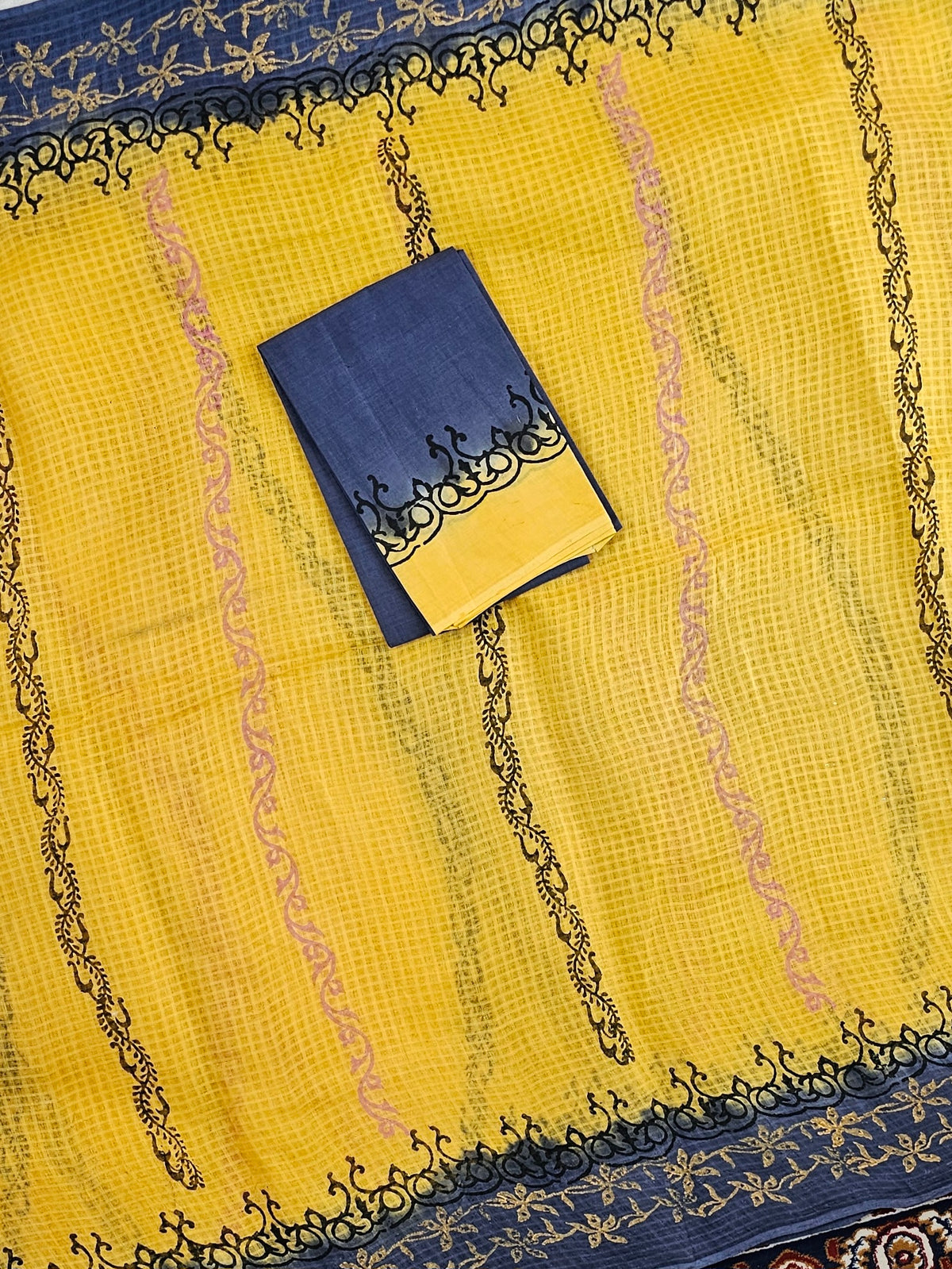 Pure Cotton with Checks Hand Block Prints - Yellow with Blue
