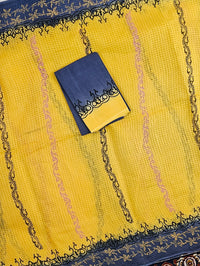 Pure Cotton with Checks Hand Block Prints - Yellow with Blue