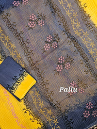 Pure Cotton with Checks Hand Block Prints - Yellow with Blue