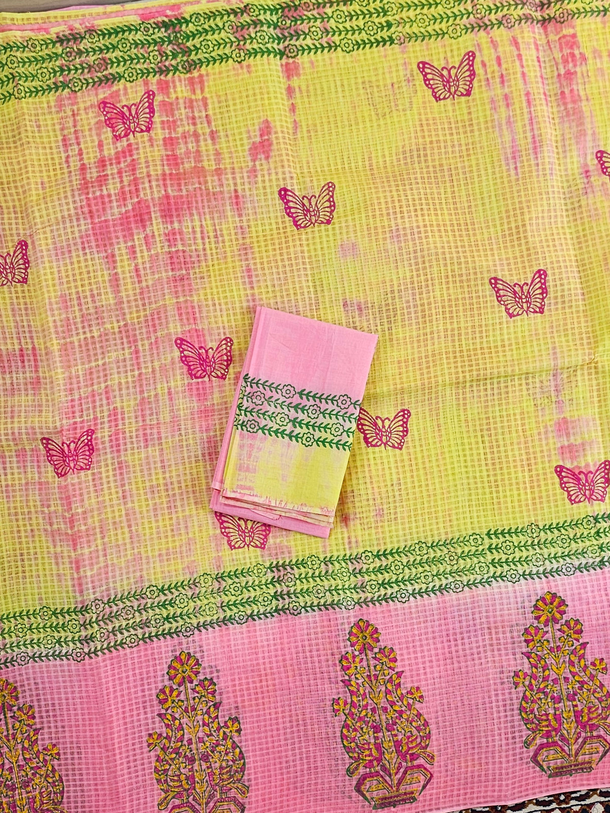 Cotton Checks with Hand Block Prints -  Yellow with Pink