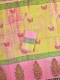 Cotton Checks with Hand Block Prints -  Yellow with Pink