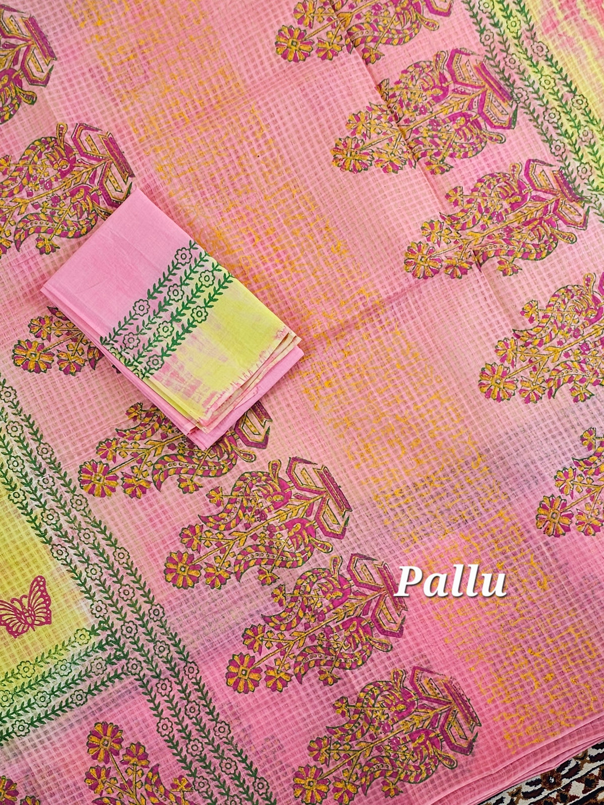 Cotton Checks with Hand Block Prints -  Yellow with Pink