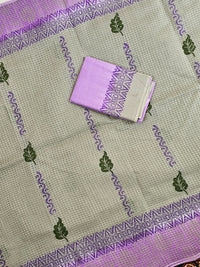 Pure Cotton with Checks Hand Block Prints - Grey with Purple