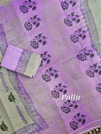 Pure Cotton with Checks Hand Block Prints - Grey with Purple