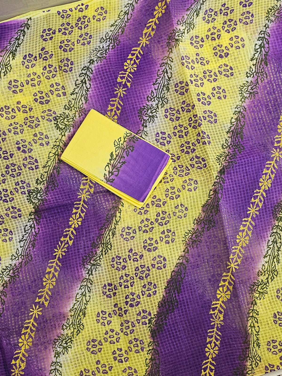 Pure Cotton with Checks Hand Block Prints -  Yellow with Purple