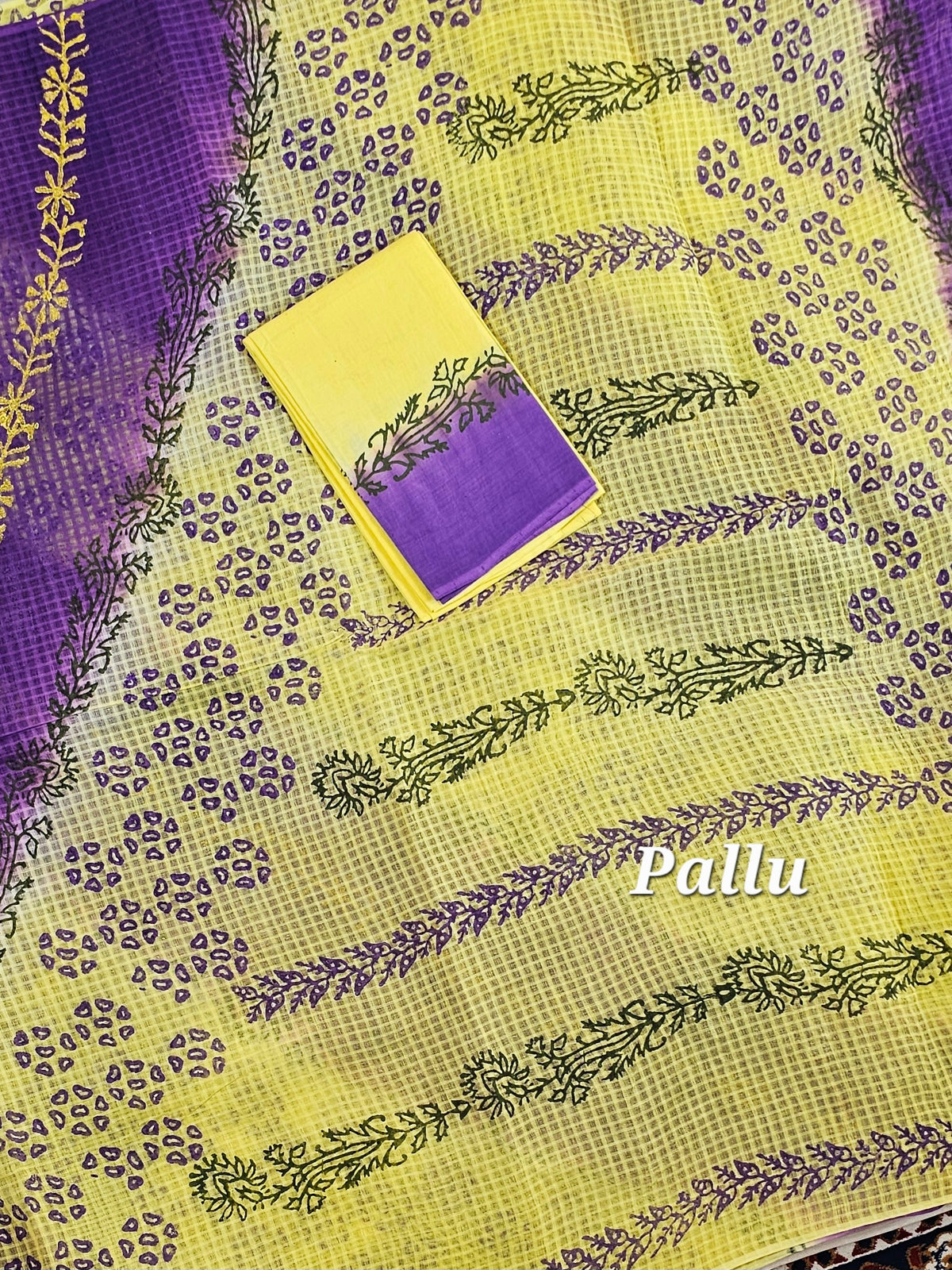 Pure Cotton with Checks Hand Block Prints -  Yellow with Purple
