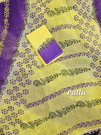 Pure Cotton with Checks Hand Block Prints -  Yellow with Purple