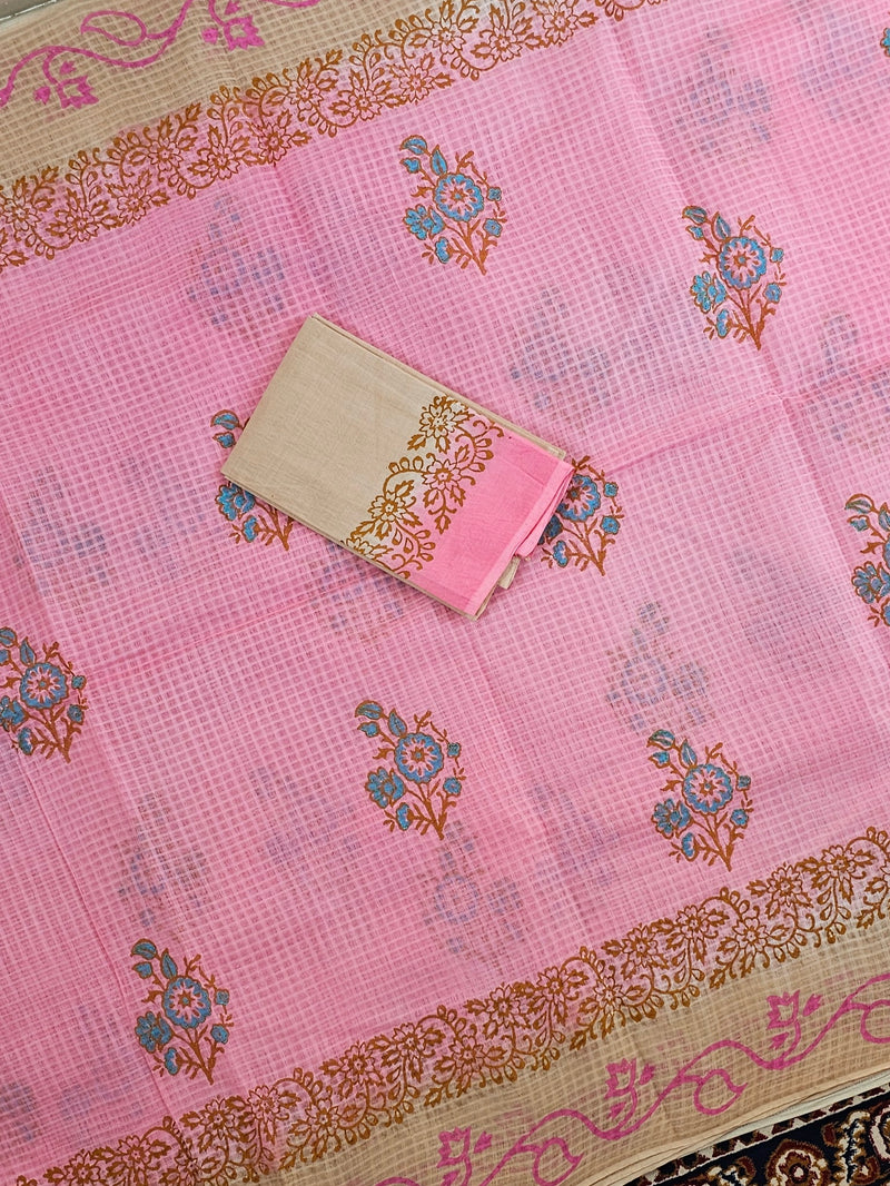 Pure Cotton with Checks Hand Block Prints - Pink with Beige