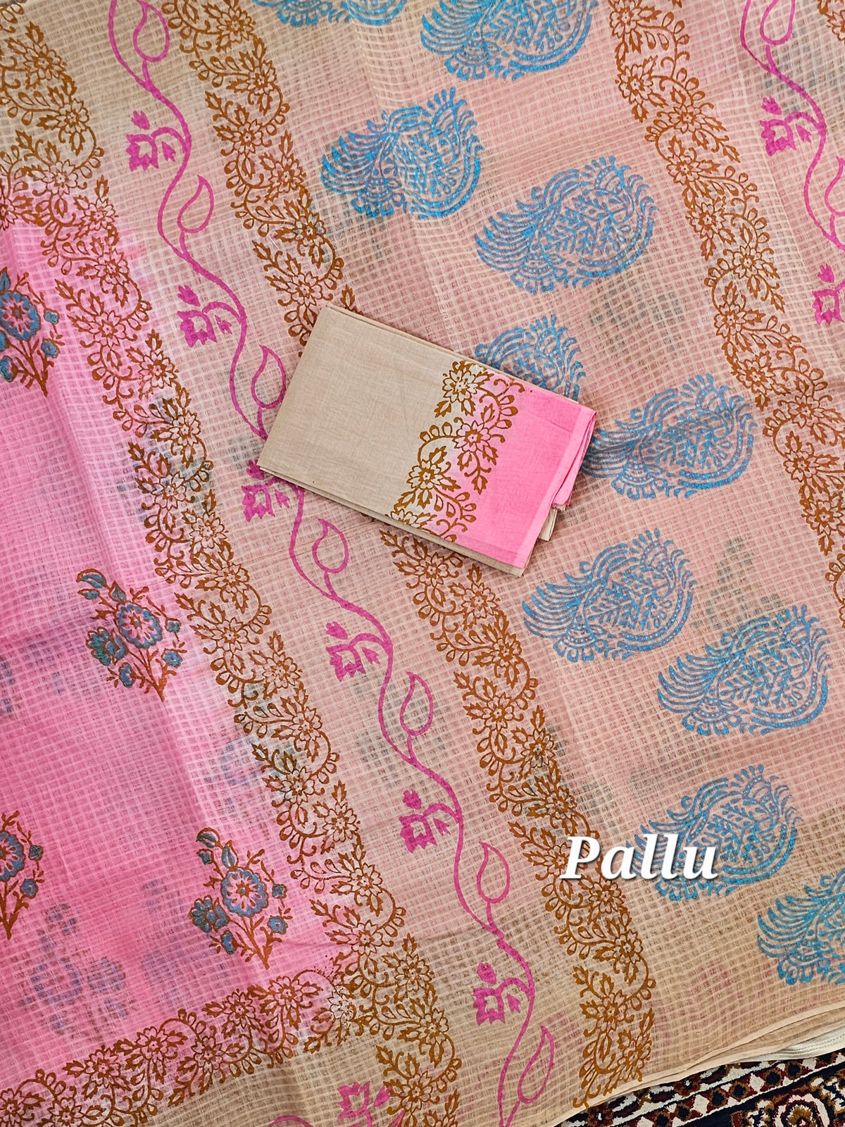 Pure Cotton with Checks Hand Block Prints - Pink with Beige