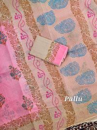 Pure Cotton with Checks Hand Block Prints - Pink with Beige