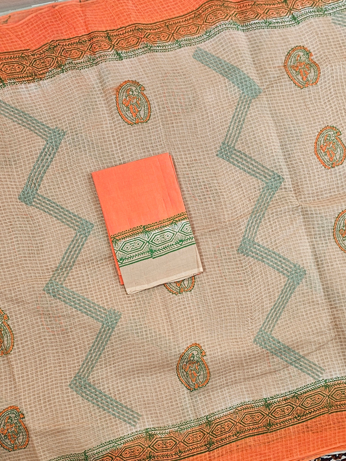 Pure Cotton with Checks Hand Block Prints - Beige with Orange