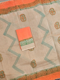 Pure Cotton with Checks Hand Block Prints - Beige with Orange