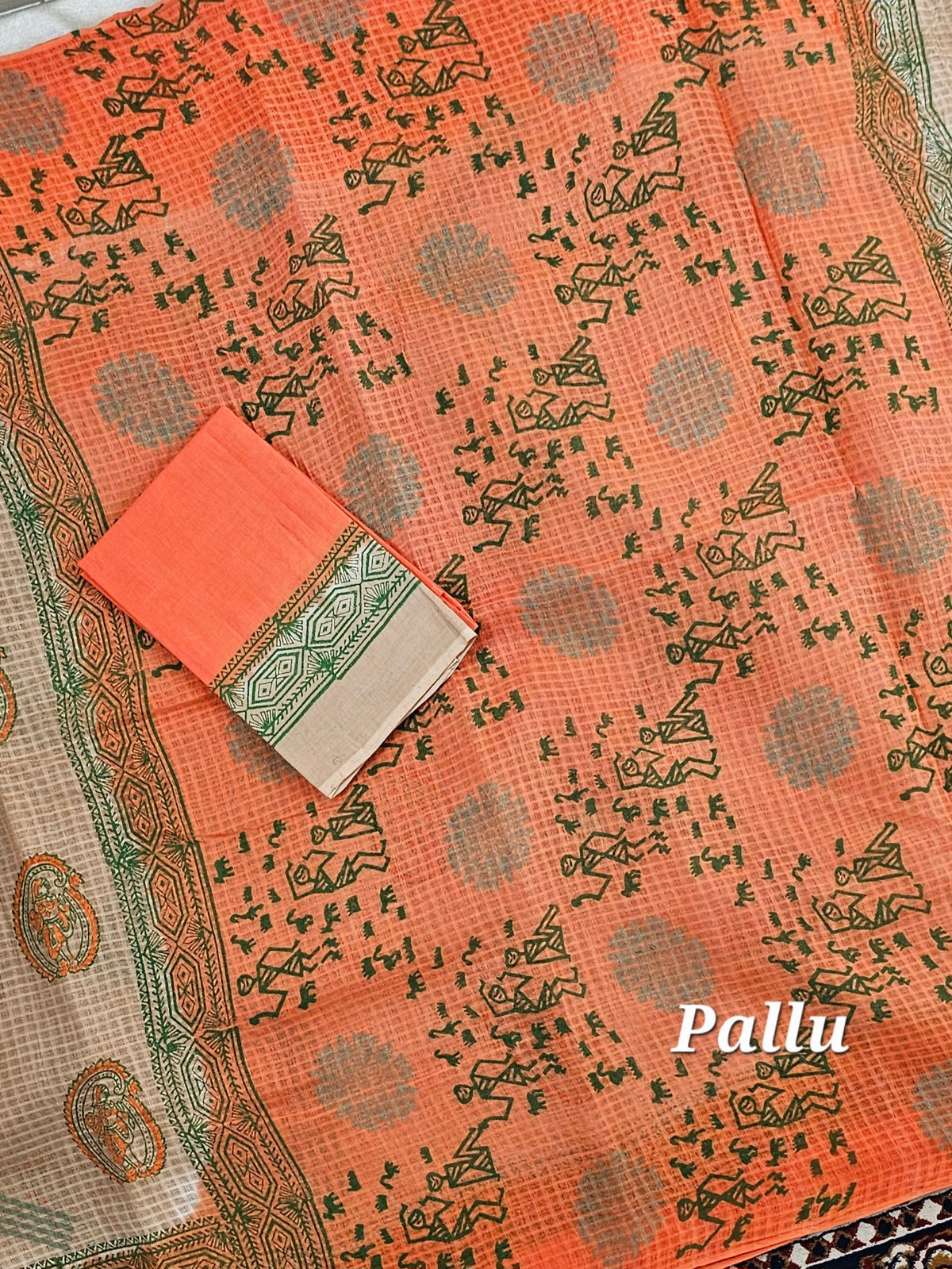 Pure Cotton with Checks Hand Block Prints - Beige with Orange