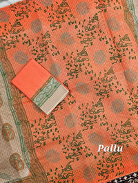 Pure Cotton with Checks Hand Block Prints - Beige with Orange