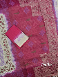 Pure Cotton with Checks Hand Block Prints - Grey with Maroon