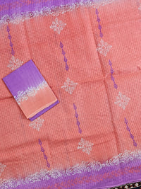 Pure Cotton with Checks Hand Block Prints - Peach with Lavender
