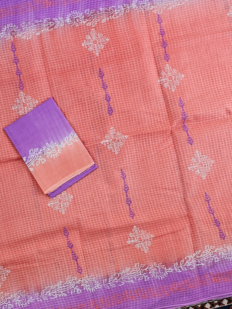 Pure Cotton with Checks Hand Block Prints - Peach with Lavender