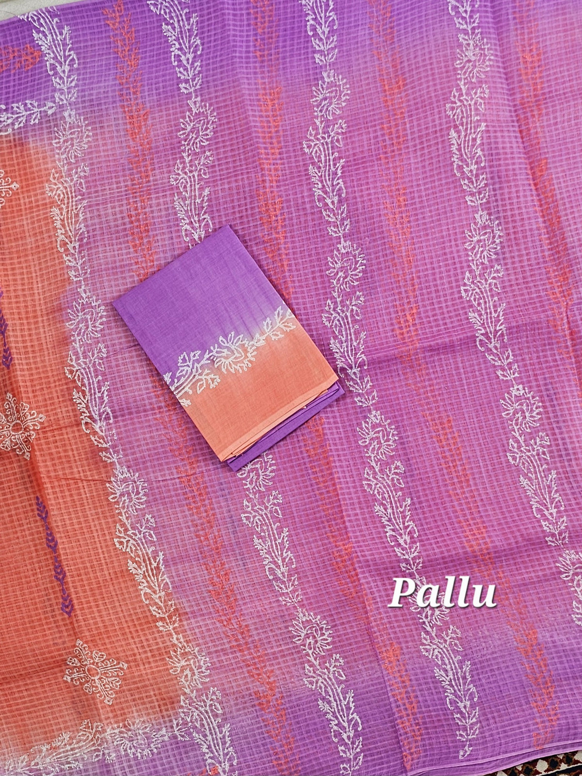 Pure Cotton with Checks Hand Block Prints - Peach with Lavender