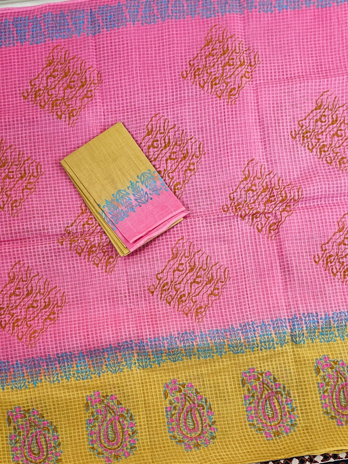 Pure Cotton with Checks Hand Block Prints - Pink with Yellow