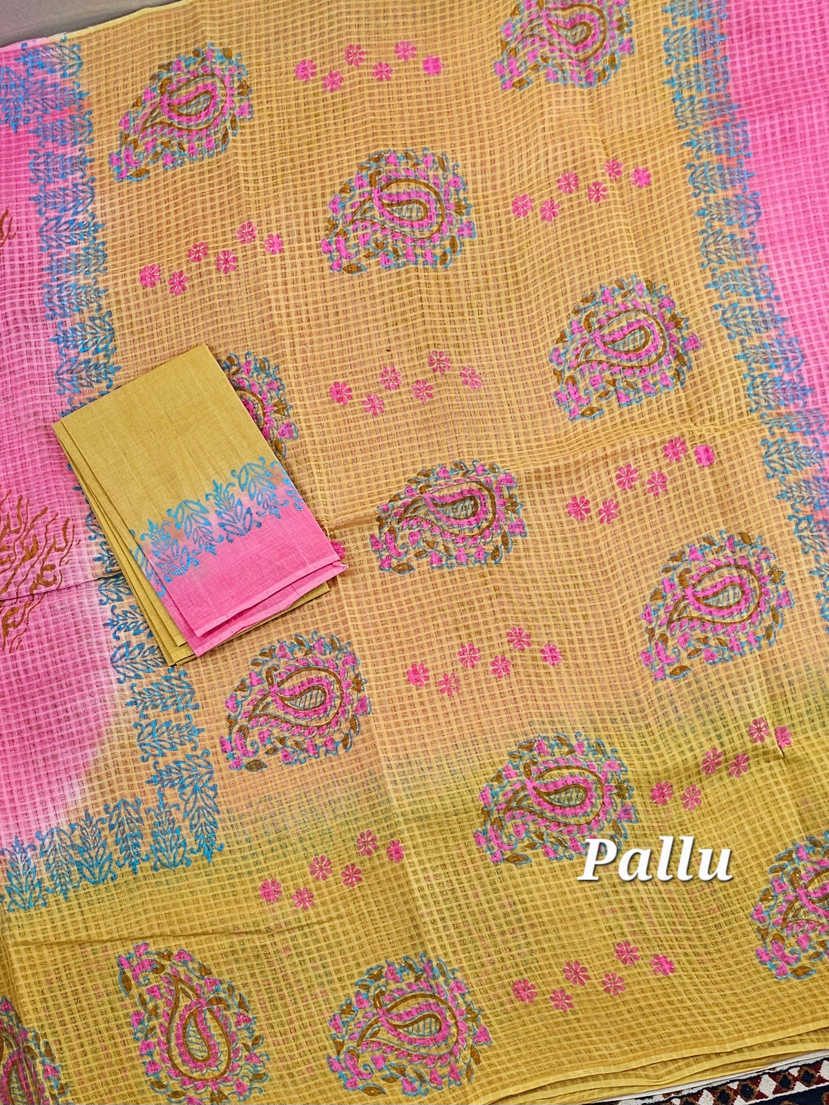 Pure Cotton with Checks Hand Block Prints - Pink with Yellow