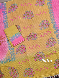 Pure Cotton with Checks Hand Block Prints - Pink with Yellow