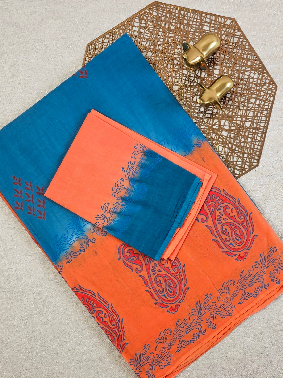 Pure Cotton with Hand Block Prints - Blue with Orange