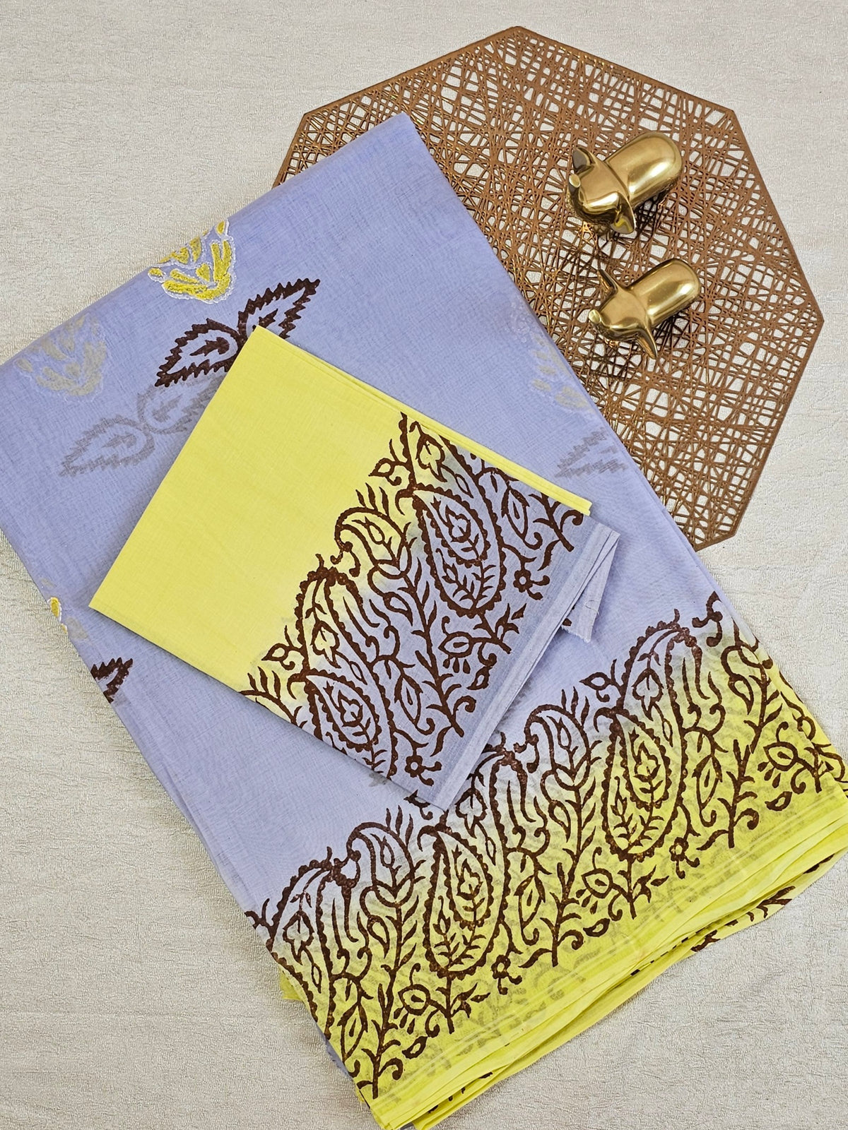 Pure Cotton with Hand Block Prints - Grey with Yellow