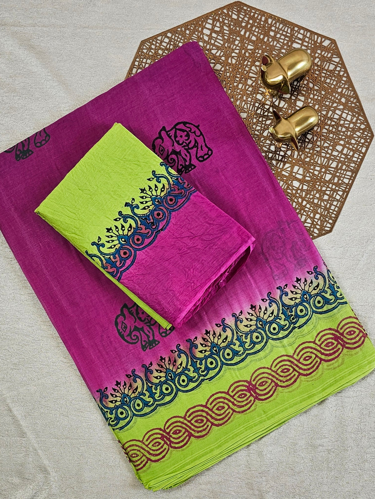 Pure Cotton with Hand Block Prints - Pink with Green