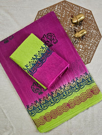Pure Cotton with Hand Block Prints - Pink with Green