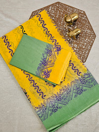 Pure Cotton with Hand Block Prints - Yellow with Sea Green