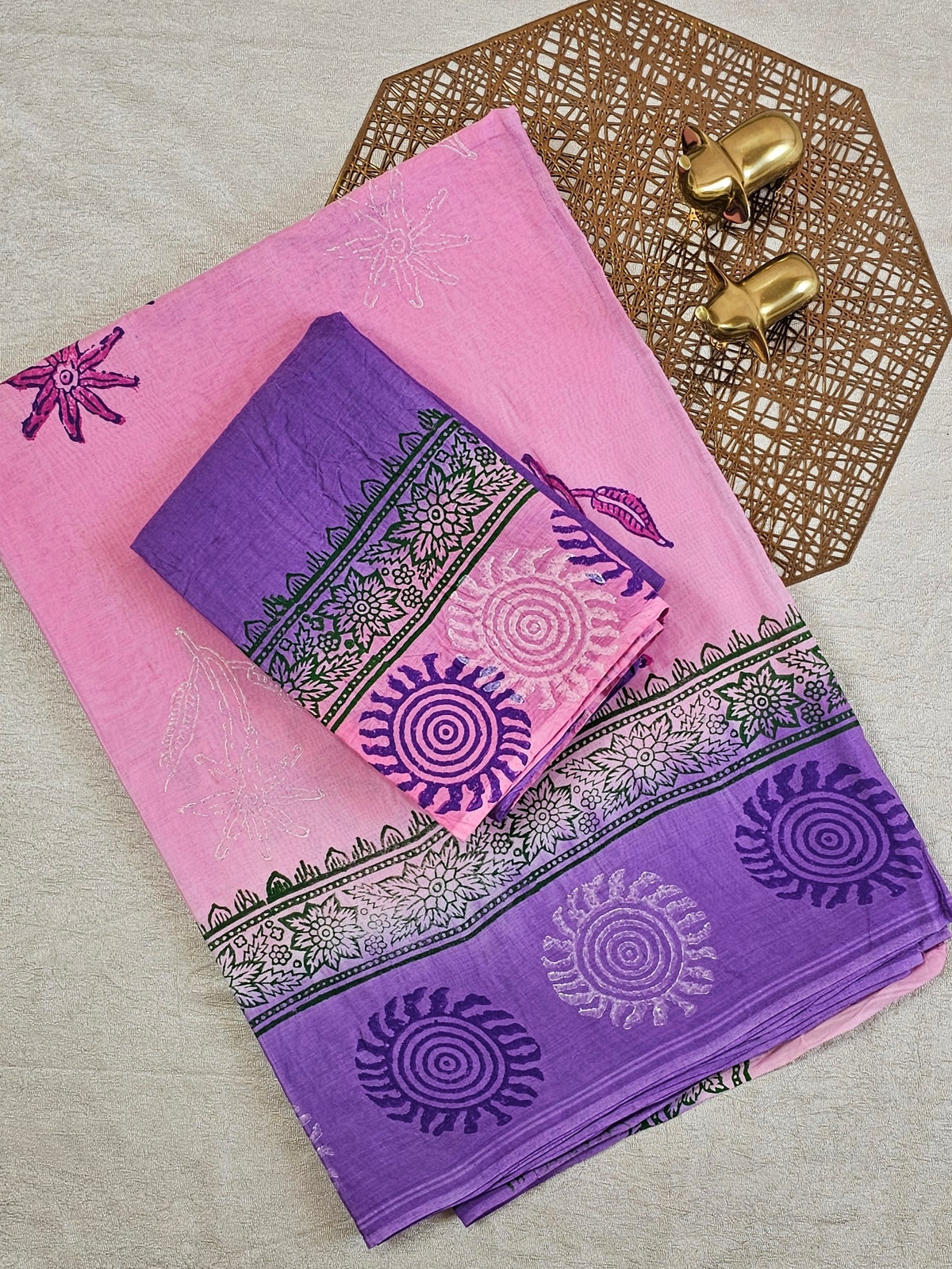 Pure Cotton with Hand Block Prints - Pink with Purple