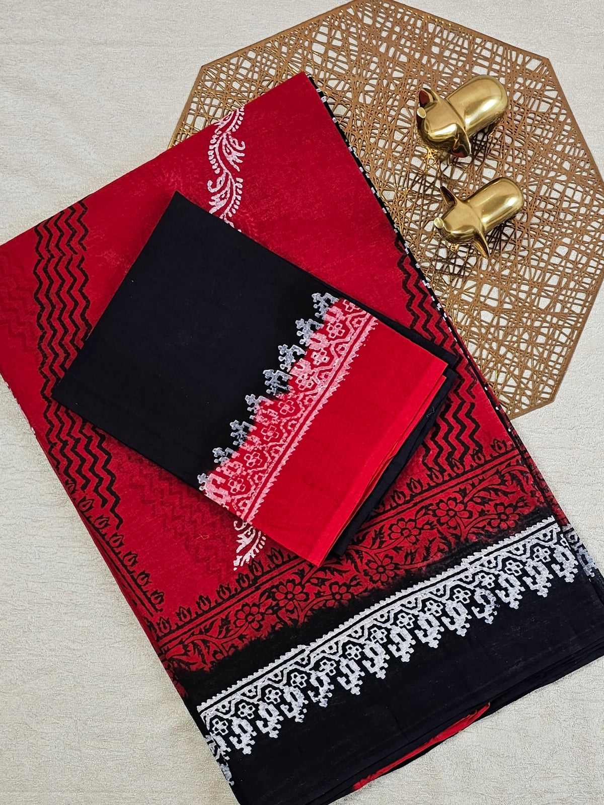 Pure Cotton with Hand Block Prints - Red with Black