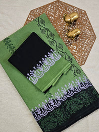Pure Cotton with Hand Block Prints - Green with Black
