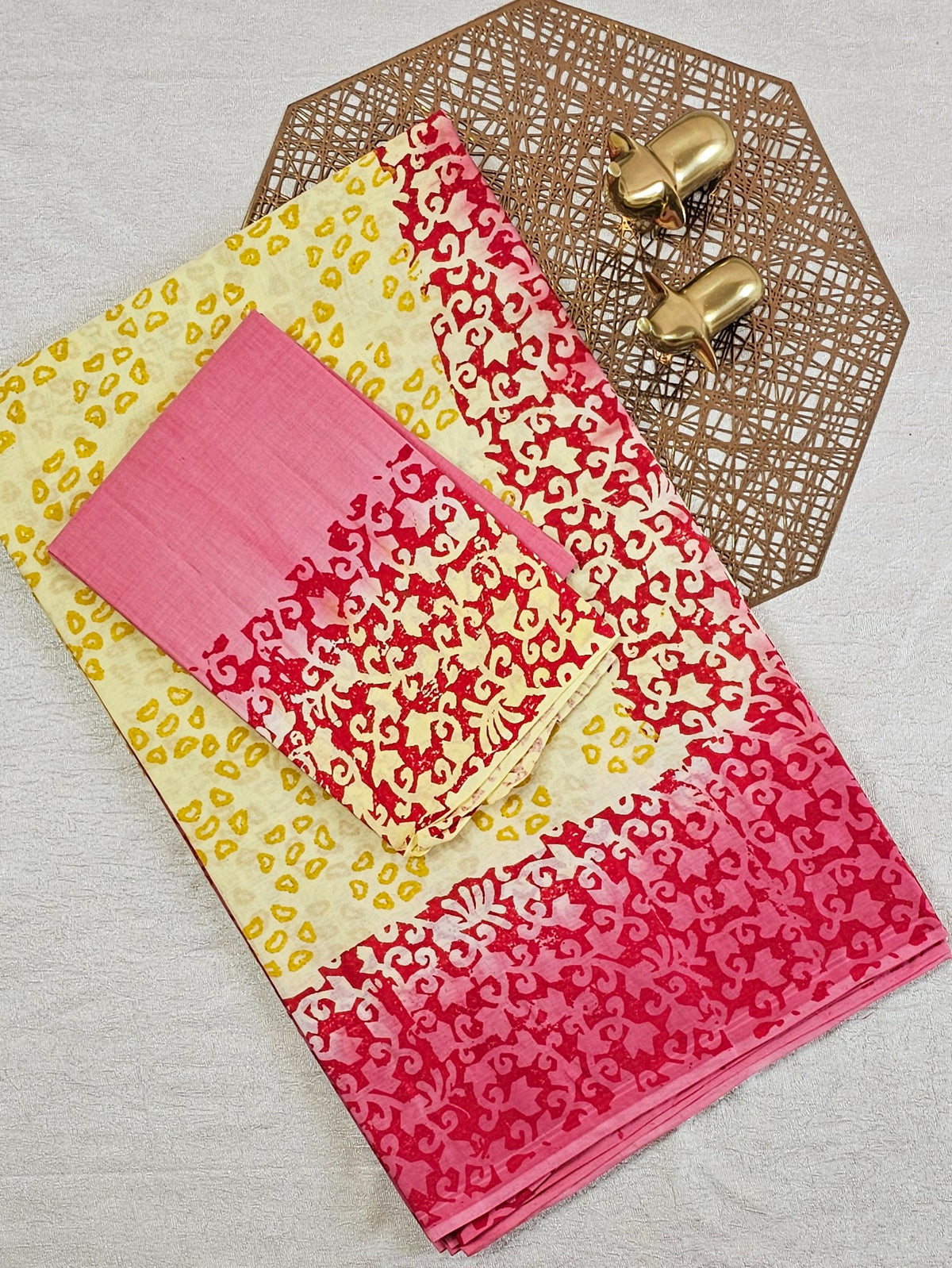 Pure Cotton with Hand Block Prints - Yellow with Red