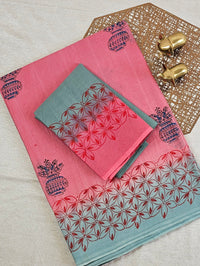 Pure Cotton with Hand Block Prints - Pink with Blue