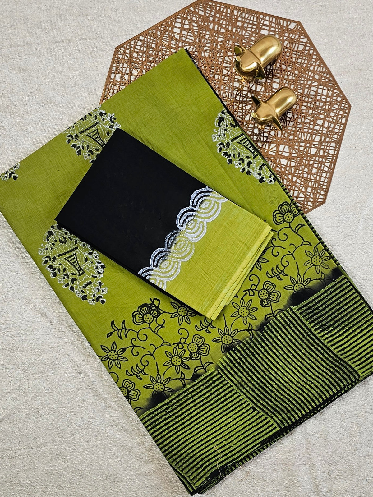 Pure Cotton with Hand Block Prints - Green with Black