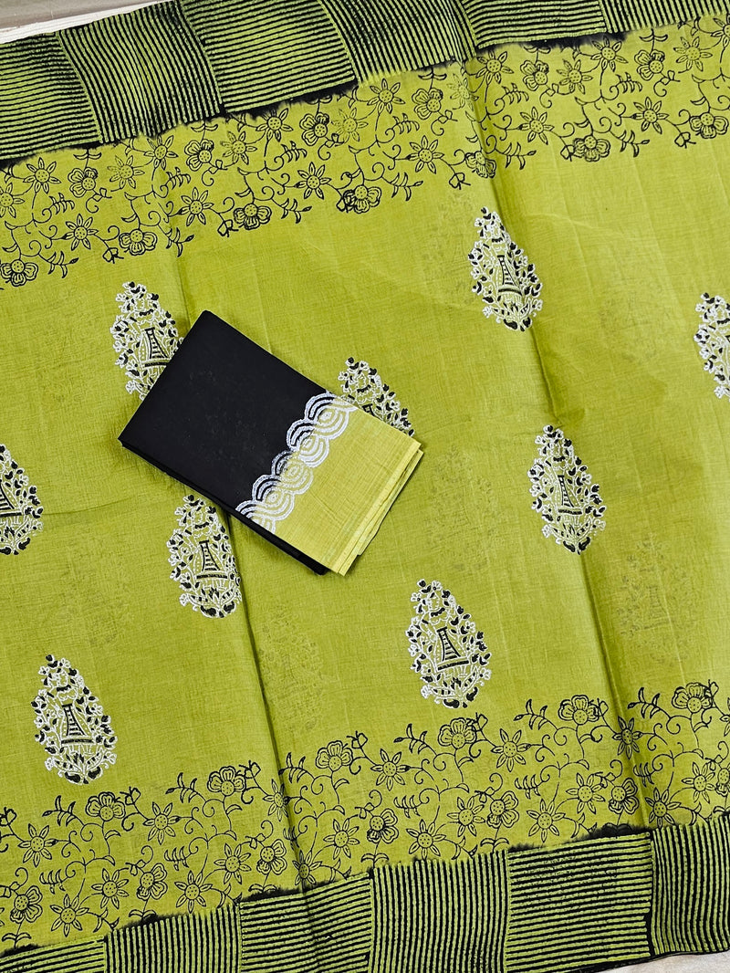 Pure Cotton with Hand Block Prints - Green with Black