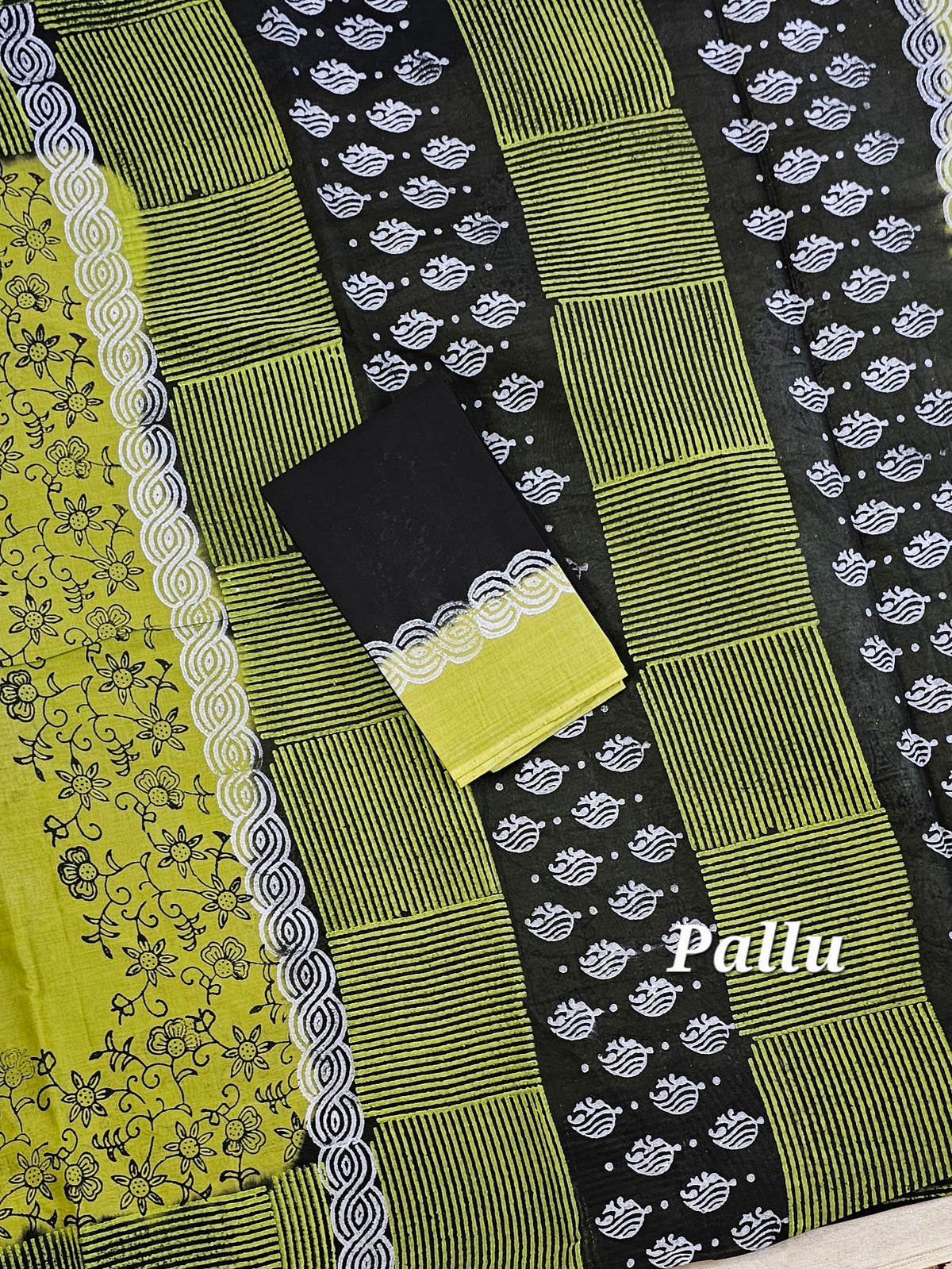 Pure Cotton with Hand Block Prints - Green with Black