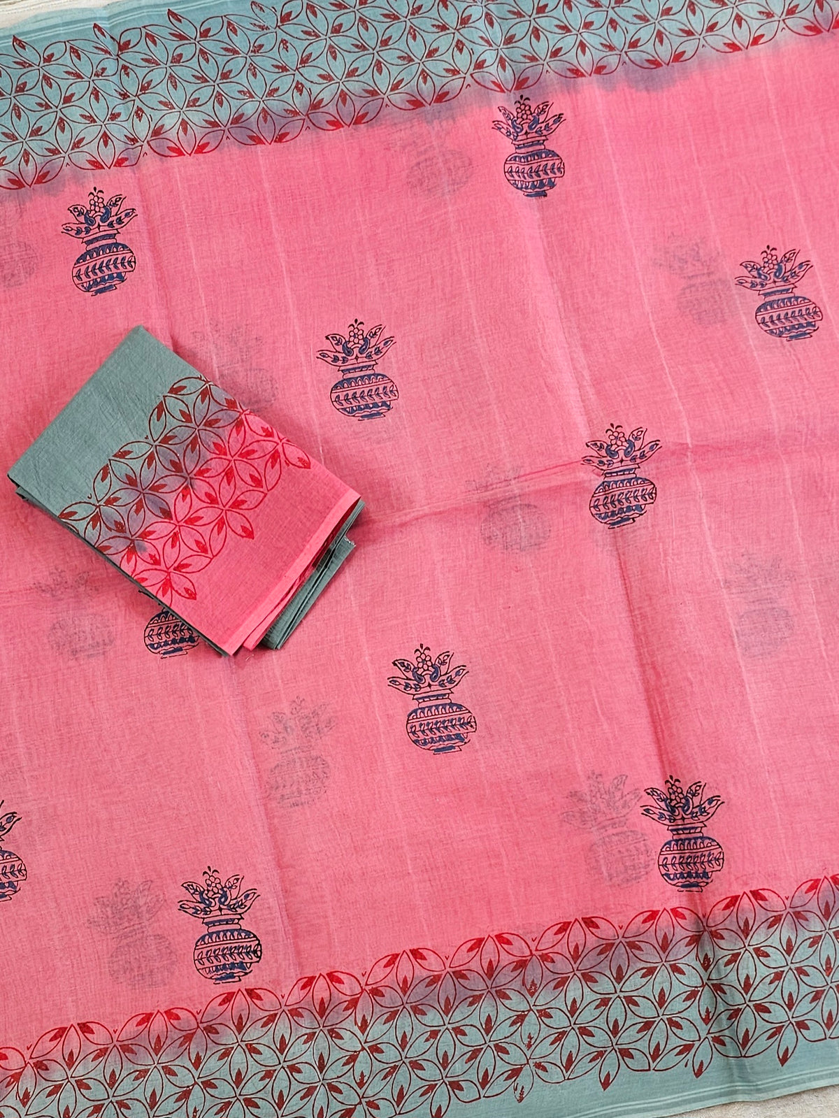 Pure Cotton with Hand Block Prints - Pink with Blue