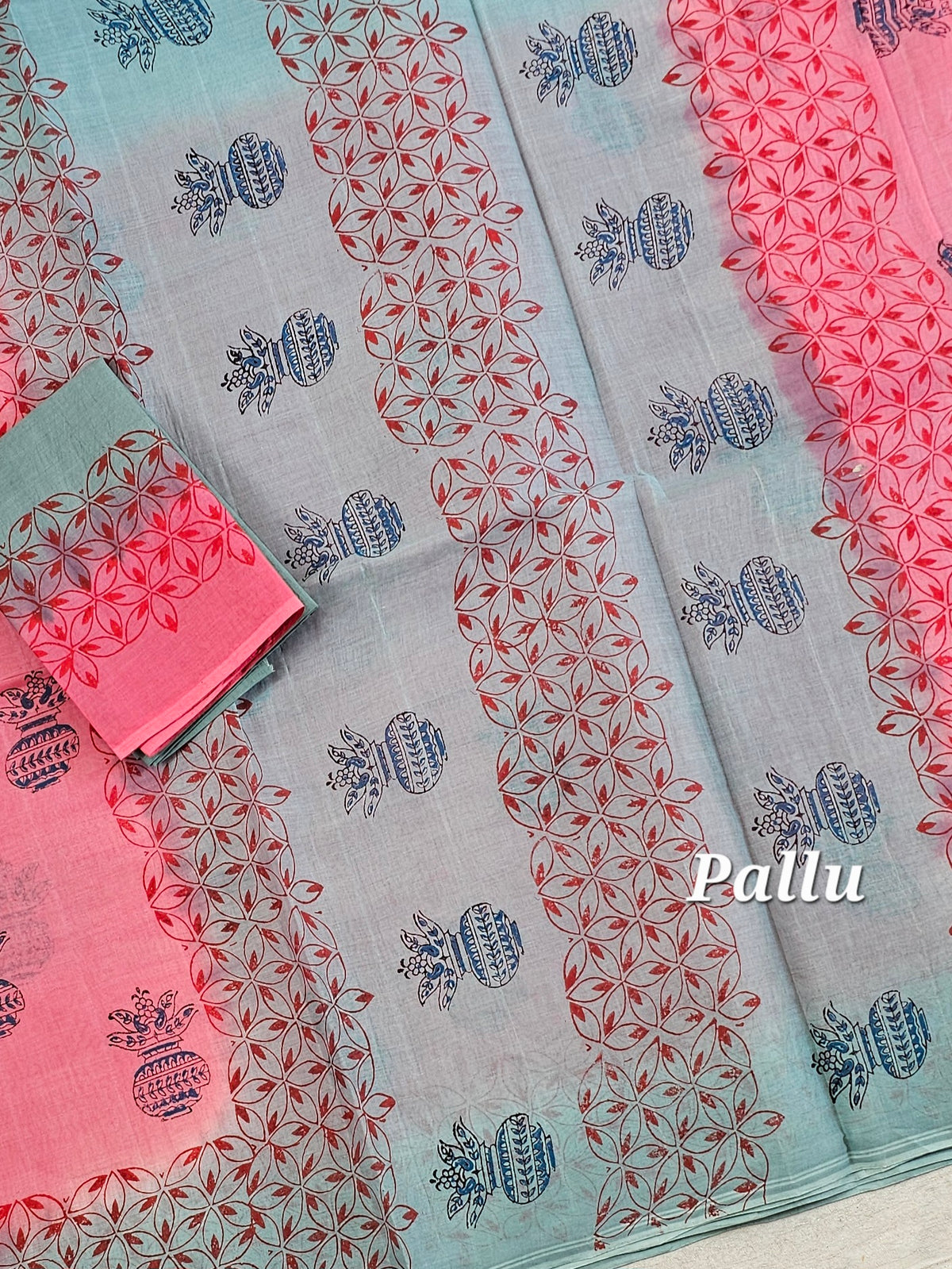 Pure Cotton with Hand Block Prints - Pink with Blue