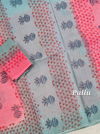 Pure Cotton with Hand Block Prints - Pink with Blue